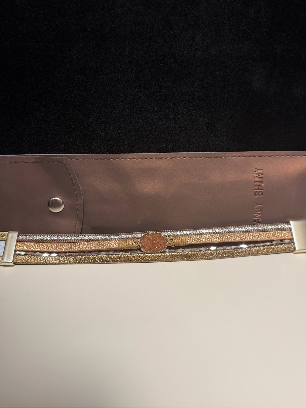 NIB Fancy Shiny Gold Faux Leather Multi Strand Druzy Wrap Cuff Bracelet